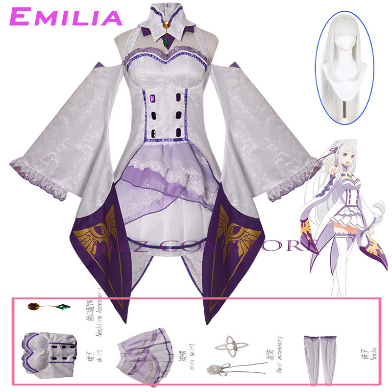 Anime Cosplay Female Characters - เอมิเลียคอสเพลย์อะนิเมะเรซีโร่ คาร่า ฮาจิเมรุ อิเซไค เซียคัตสึชุดเครื่องแต่งกายสีขาวชุดวิกผมชุดปาร์ตี้ฮาโลวีนชุดสำหรับผู้หญิง