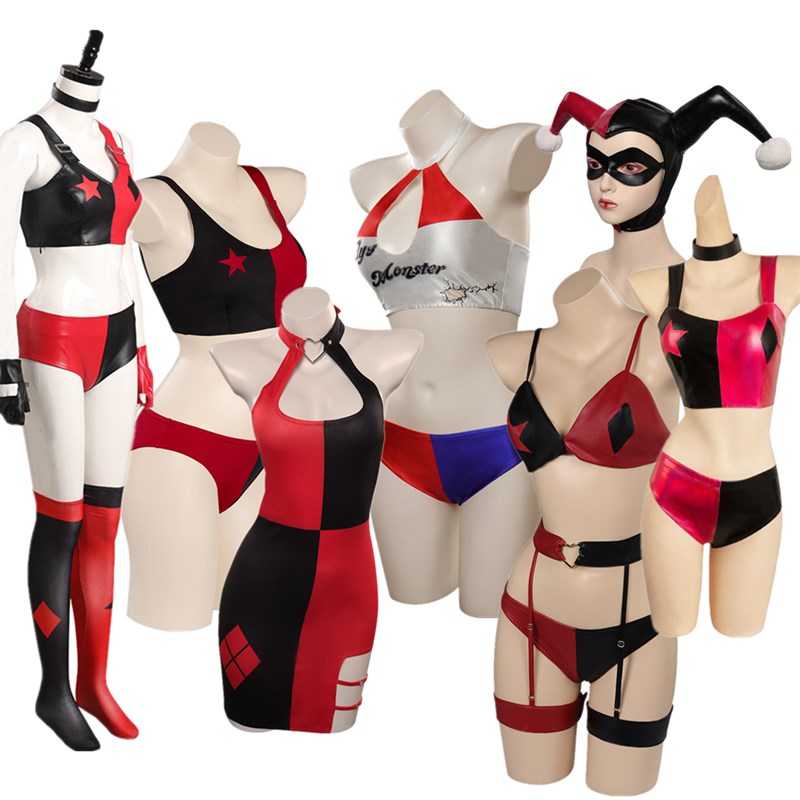 Anime Harley Quinn Cosplay - Quinzel ชุดจัมพ์สูทสำหรับผู้หญิงผู้ใหญ่ชุดคอสเพลย์ผู้หญิงหน้ากากตัวตลกชุดออกงานฮาโลวีนคาร์นิวัล