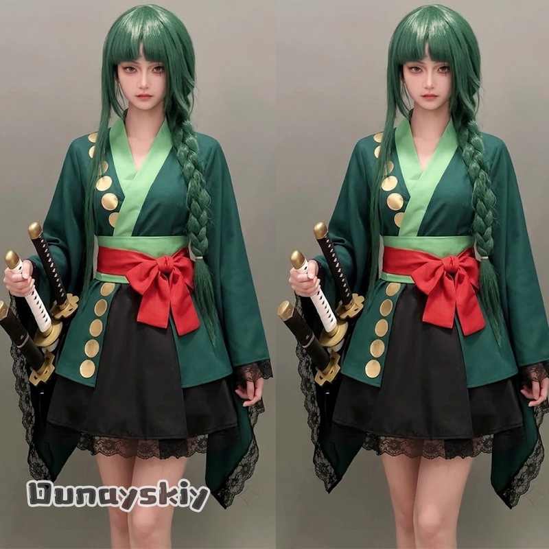 Anime Zoro Cosplay Female - อะนิเมะโรโรโนอา โซโลคอสเพลย์เครื่องแต่งกายชุดกิโมโนญี่ปุ่นปลอมตัวสำหรับผู้ใหญ่หญิงชุดสีเขียวชุดผู้หญิงเซ็กซี่ฮาโลวีน