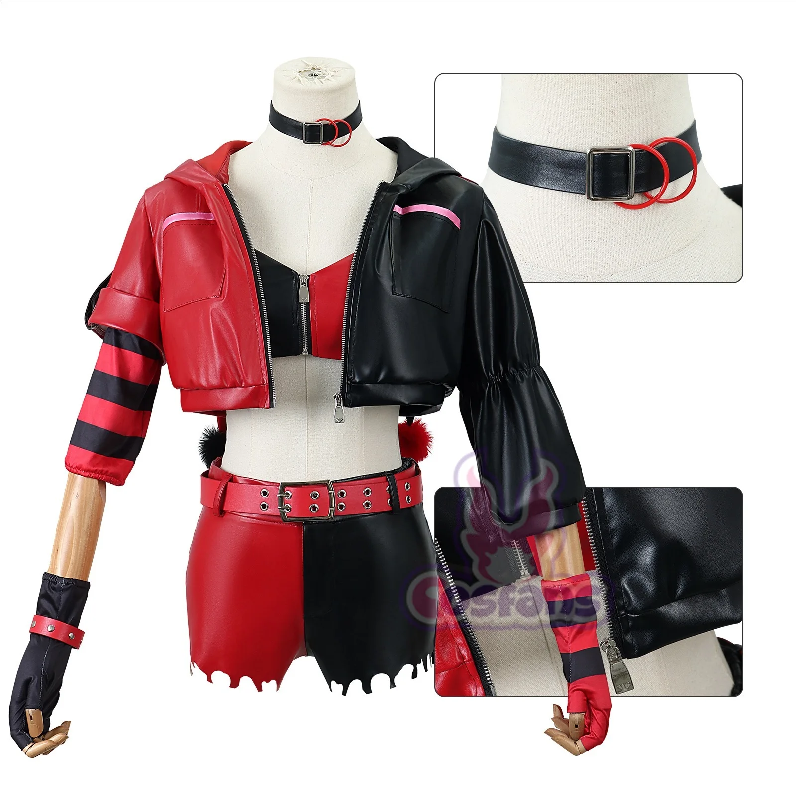 Anime Harley Quinn Cosplay - วิกชุดคอสเพลย์ผู้หญิงควินน์ฆ่าตัวตายพร้อมหมวกและแจ็คเก็ตหนังสังเคราะห์พร้อมหมวกกางเกงขาสั้นชุดชั้นในสายรัดคอสำหรับใส่ทุกวันใส่ในวันฮาโลวีน