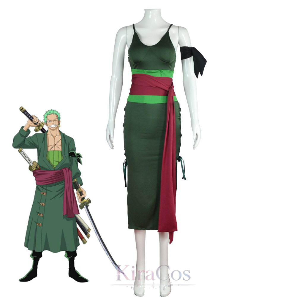 Anime Zoro Cosplay Female - ชุดคอสเพลย์อนิเมะโรโรโนะสำหรับผู้หญิง ชุดเดรสสีเขียวพร้อมเข็มขัด ชุดคอสเพลย์โซโลสำหรับผู้หญิงครบเซ็ต