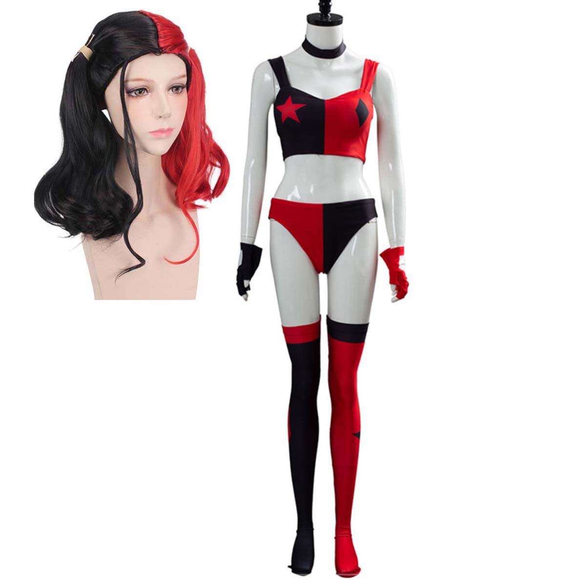 Anime Harley Quinn Cosplay - ผู้หญิงฮาโลวีนซุปเปอร์วายร้ายฮาร์ลีย์เซ็กซี่คอสเพลย์สีแดงสีดำเครื่องแต่งกายหรือวิกผม